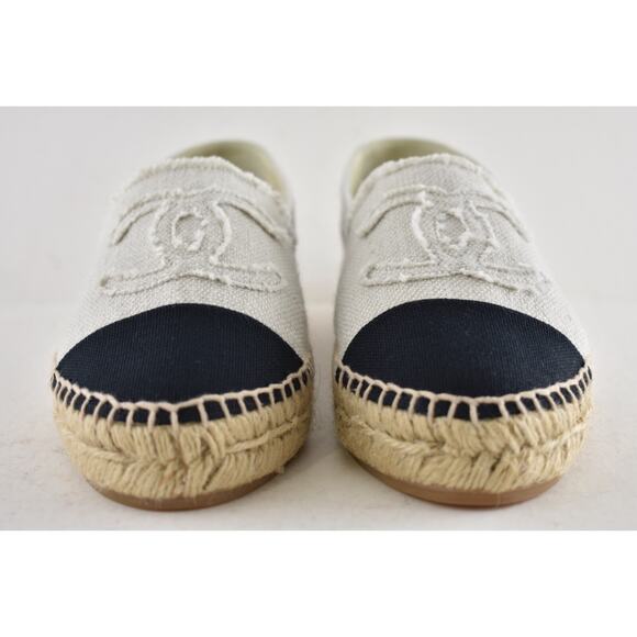 Chanel REV Beige Black Linen Canvas CC Logo Double Sole Espadrille Flat 37 RARE - Picture 6 of 12